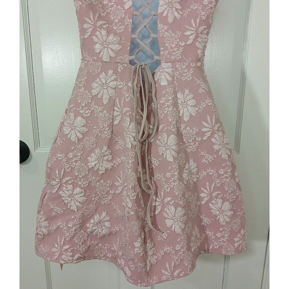 Coquette Pink Floral Jacquard Mini Dress Lace Up Corset Back Sexy Romantic NWT L - Picture 10 of 16
